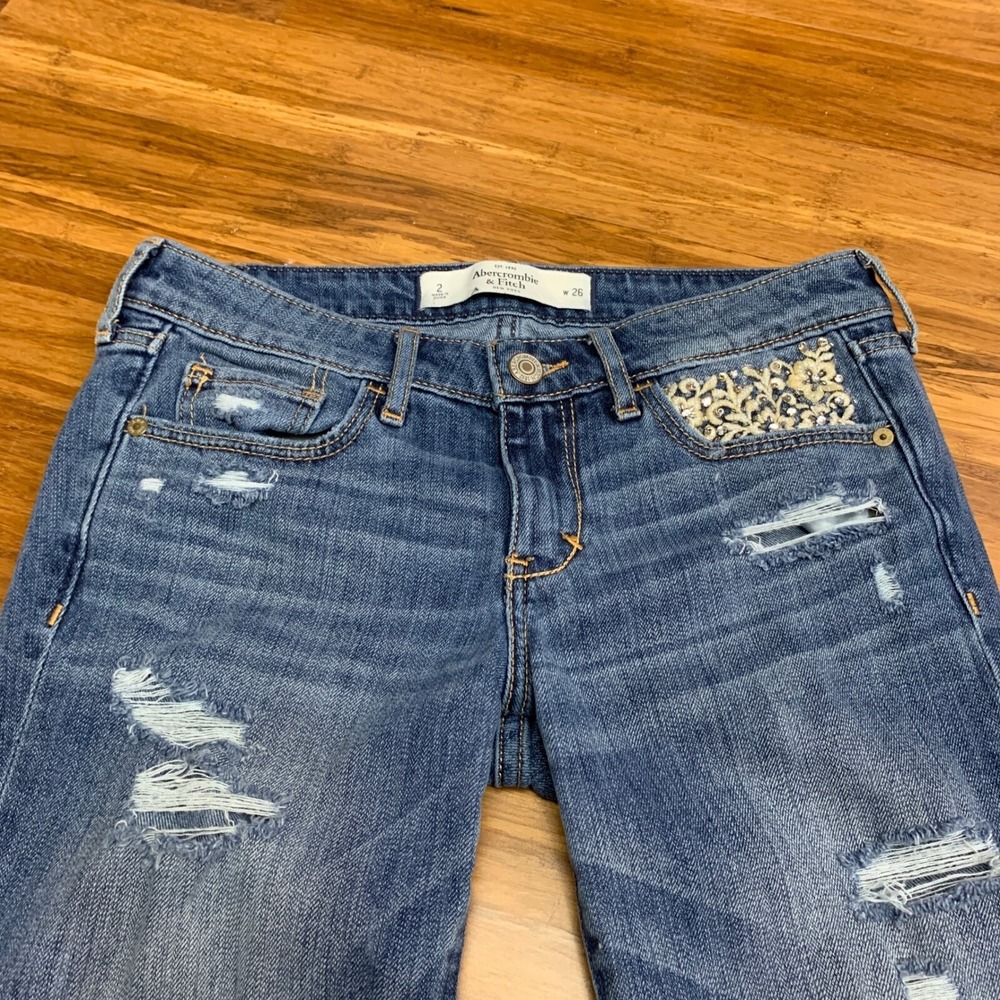 Abercrombie‎ & Fitch Distressed Denim Jeans Womens 2 Embellished Pockets Skinny - Picture 2 of 7